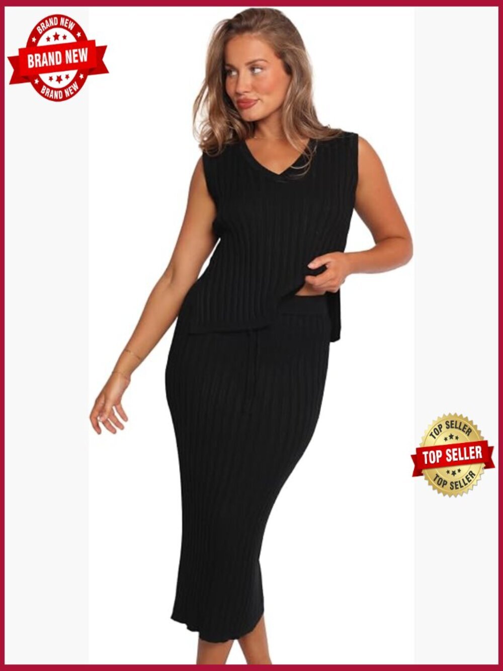 Ribbed Knit Skirt Set - Midi Length, Sleeveless, Medium